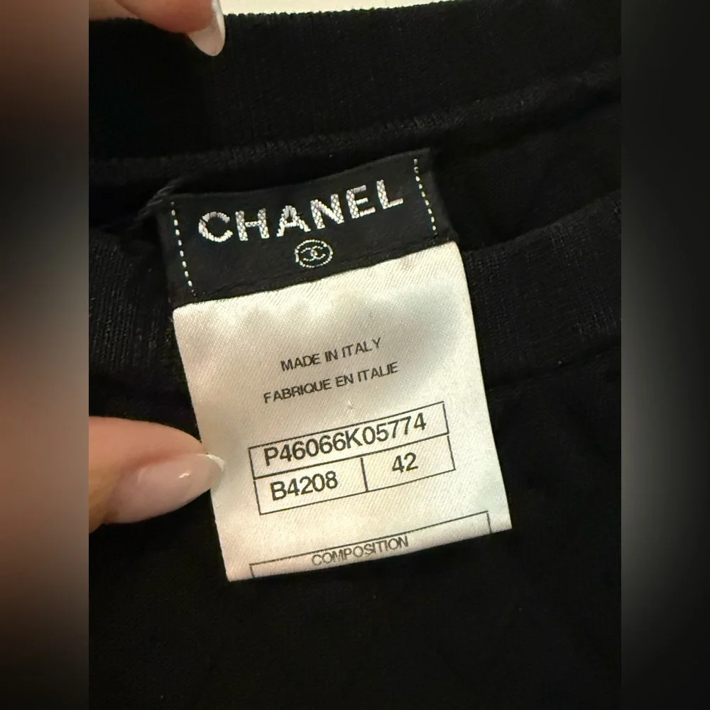 CHANEL Stretch Quilted Mini Black Dress White Bottom Sz 42 LBD‎